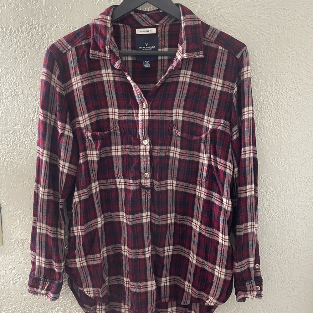 AEO‎ Women’s Burgundy Plaid Flannel Button-Up Boyfriend Fit Casual Soft Shirt XL